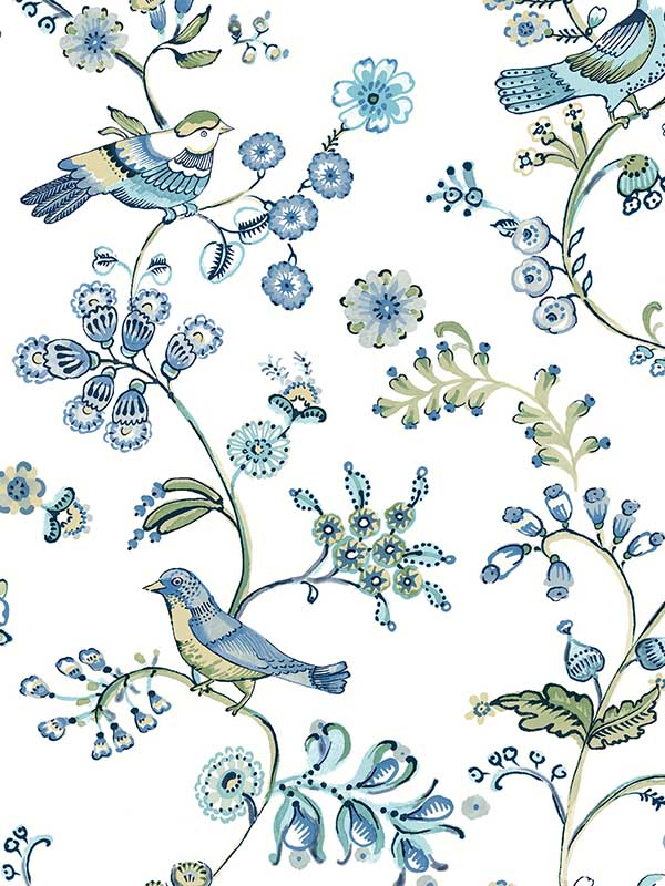 Jinjur Bird Trail wallpaper in teal color - pattern number 3122-10802 - by Chesapeake in the Flora and Fauna collection