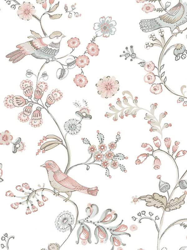Jinjur Blush Bird Trail wallpaper in blush color - pattern number 3122-10805 - by Chesapeake in the Flora and Fauna collection