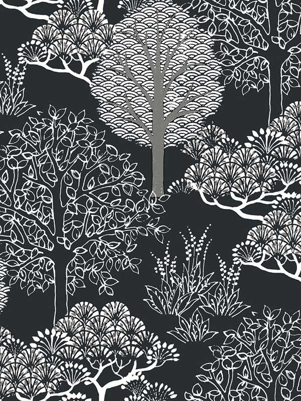 Kimono Trees fabric in black metallic color - pattern number BW3852 - by York in the Black and White Resource Library collection
