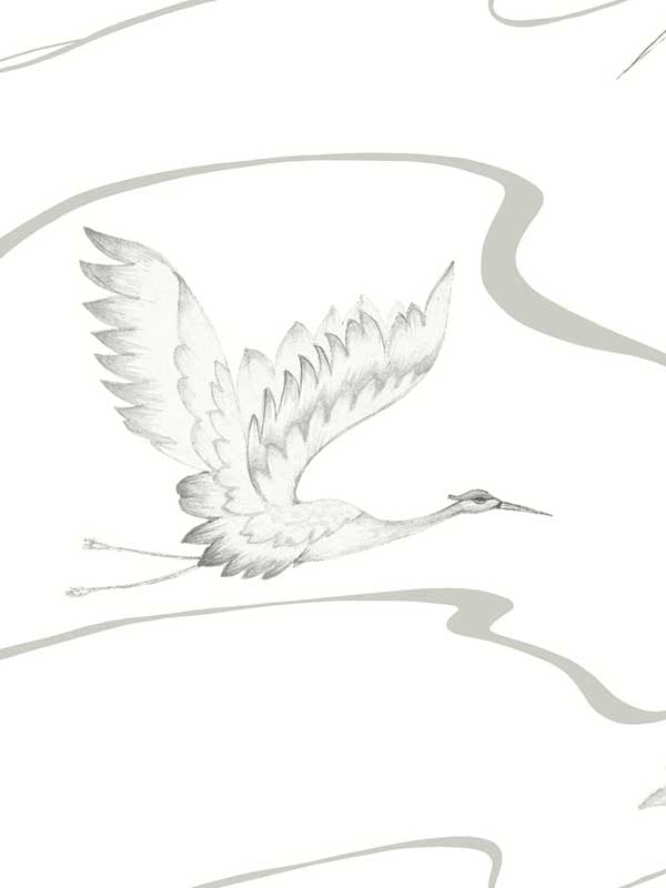 Soaring Cranes fabric in white and silver color - pattern number BW3873 - by York in the Black and White Resource Library collection