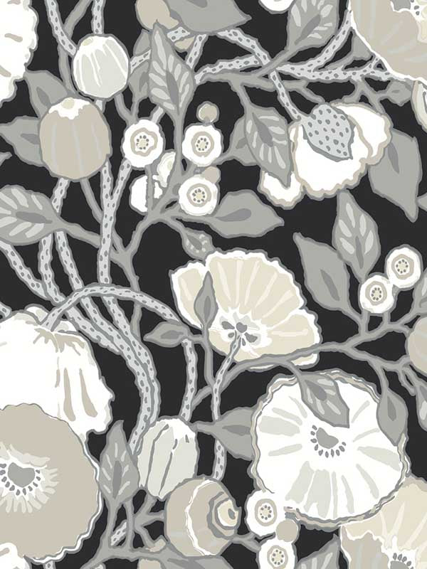 Vincent Poppies fabric in black and cream color - pattern number BW3981 - by York in the Black and White Resource Library collection