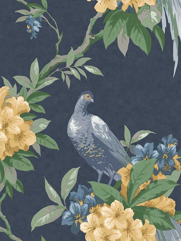 en Pheasant Floral fabric in dark blue color - pattern number M1661 - by Brewster in the Archive Collection collection