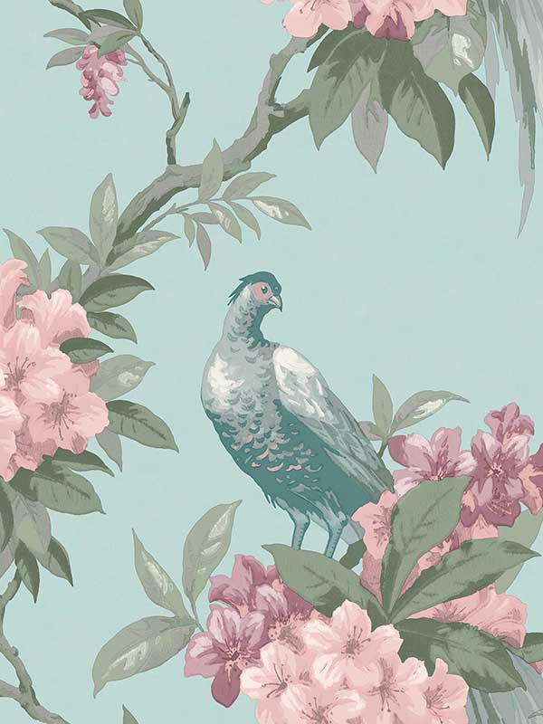 en Pheasant Floral fabric in aqua color - pattern number M1663 - by Brewster in the Archive Collection collection