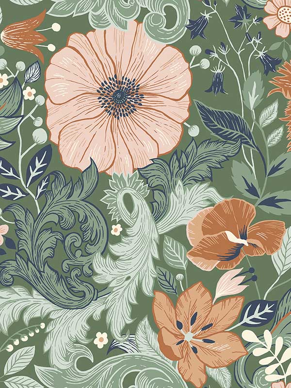 Victoria Floral Nouveau fabric in green color - pattern number 2999-13109 - by A Street Prints in the Annelie collection