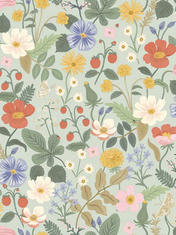 Strawberry Fields wallpaper in green and pink color - pattern number RP7356 - by Rifle Paper Co in the Rifle Paper Co Second Edition collection