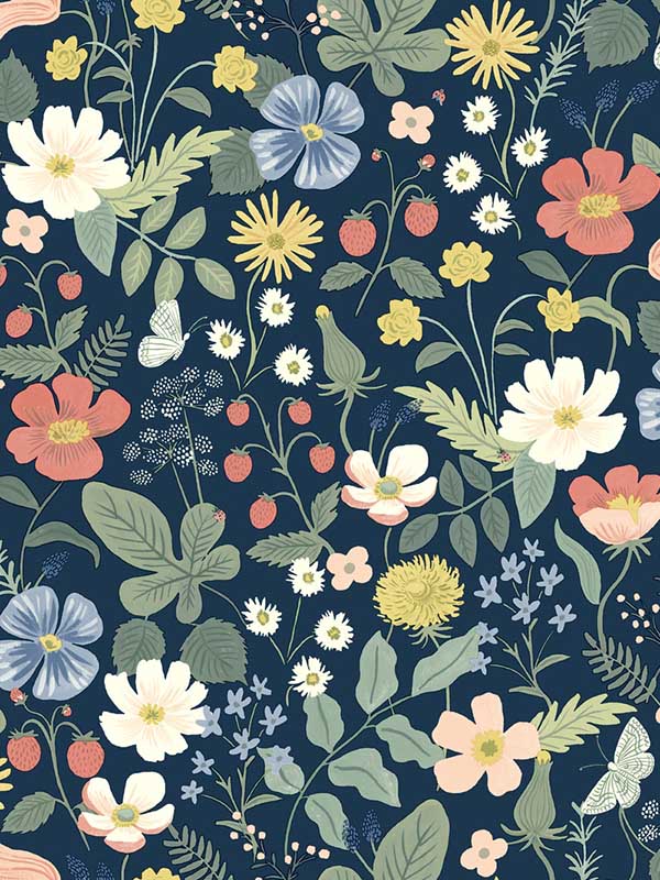 Strawberry Fields wallpaper in blue and pink color - pattern number RP7358 - by Rifle Paper Co in the Rifle Paper Co Second Edition collection