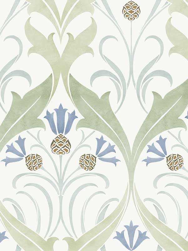 Pine Cone Ribbon fabric in green and blue metallic color - pattern number AC9173 - by Ronald Redding in the Arts and Crafts collection