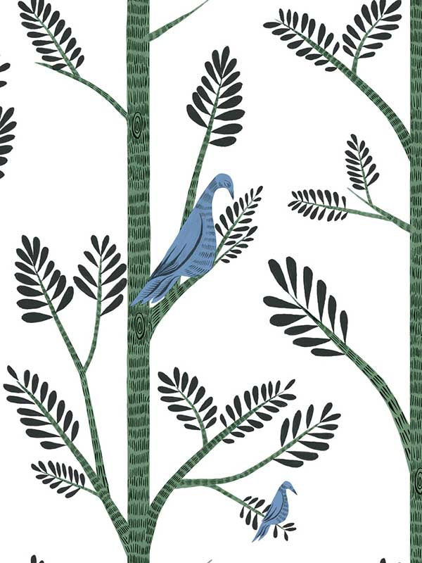 Aviary Branch Peel and Stick wallpaper in blue and green color - pattern number PSW1237RL - by York in the Risky Business Vol III Peel and Stick Wallpaper collection