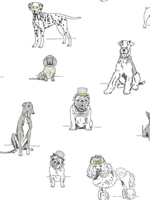Dogs Life Peel and Stick fabric in silver and gold color - pattern number PSW1339RL - by York in the York Premium Peel and Stick Wildlife Wallpaper collection
