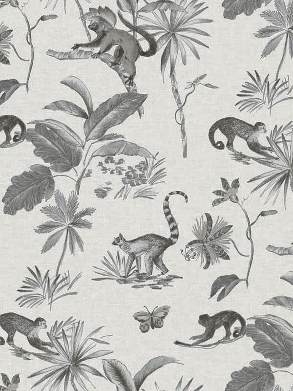 Botanicals and Lemurs Peel and Stick wallpaper in grey color - pattern number PSW1354RL - by York in the York Premium Peel and Stick Wildlife Wallpaper collection