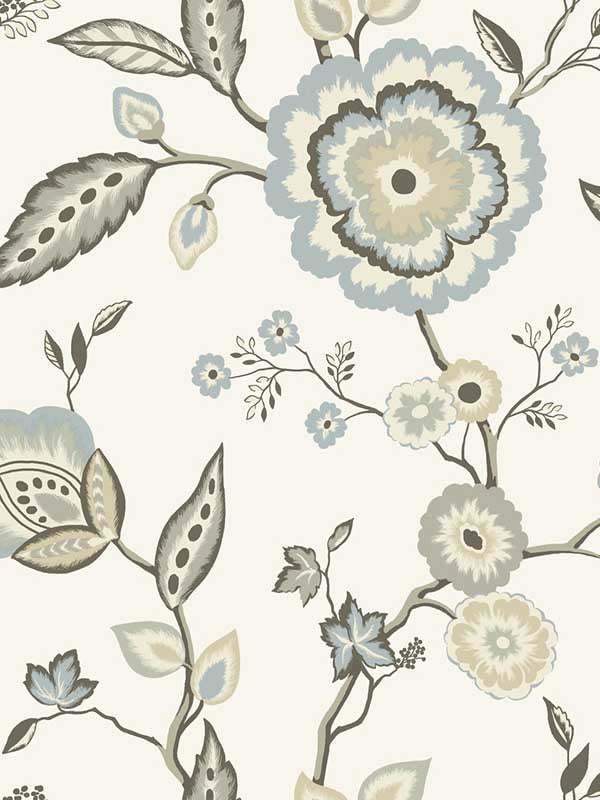 Dahlia Blooms fabric in off white and blue color - pattern number GO8234 - by York in the Greenhouse collection