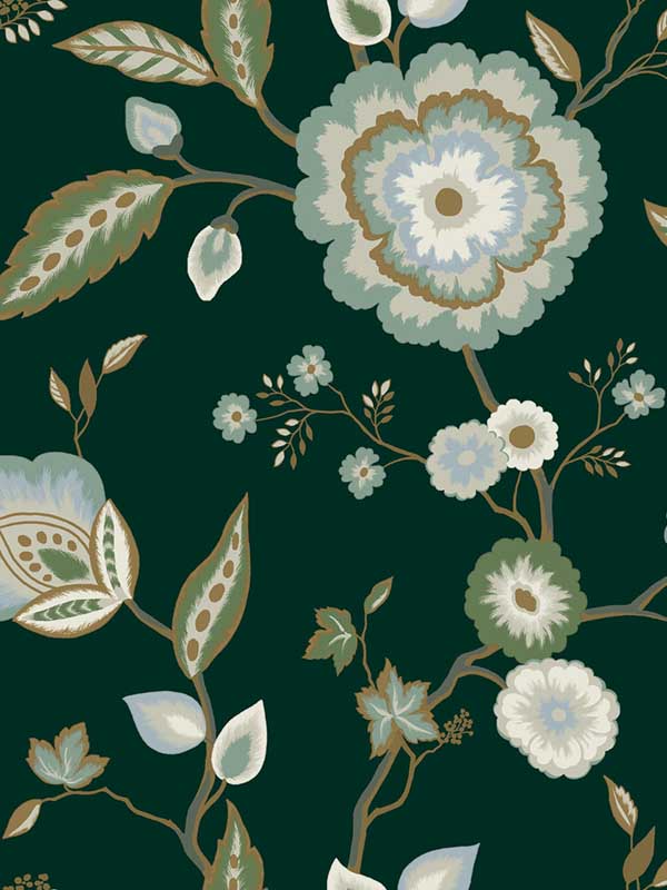Dahlia Blooms fabric in green and blue metallic color - pattern number GO8236 - by York in the Greenhouse collection