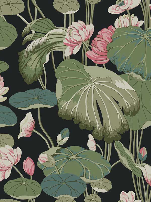 Lotus Pond wallpaper in black and pink color - pattern number GO8292 - by York in the Greenhouse collection