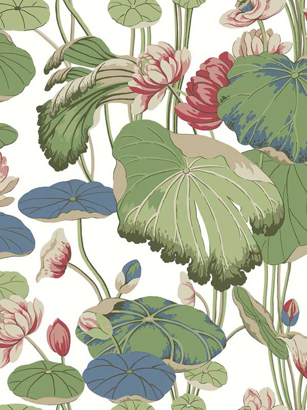 Lotus Pond fabric in green and pink color - pattern number GO8293 - by York in the Greenhouse collection