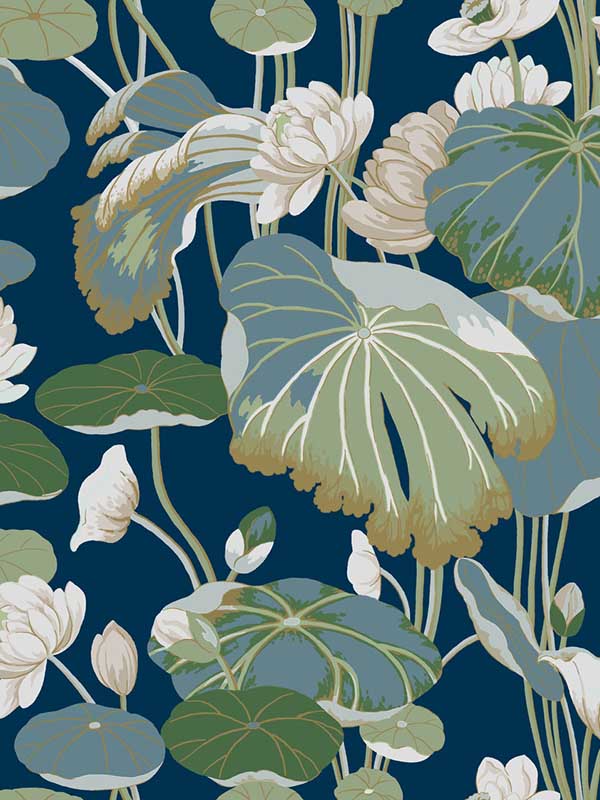 Lotus Pond fabric in navy metallic color - pattern number GO8295 - by York in the Greenhouse collection