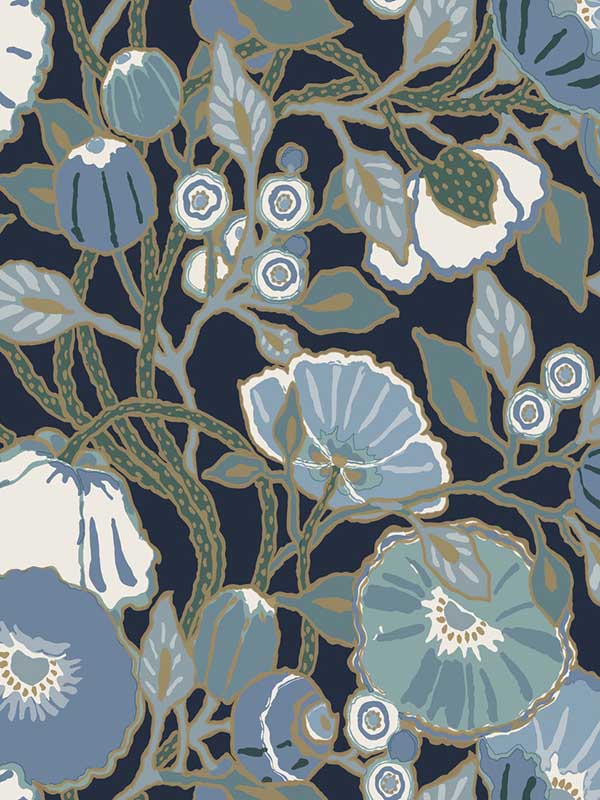 Poppies wallpaper in black and blue metallic color - pattern number GO8312 - by York in the Greenhouse collection