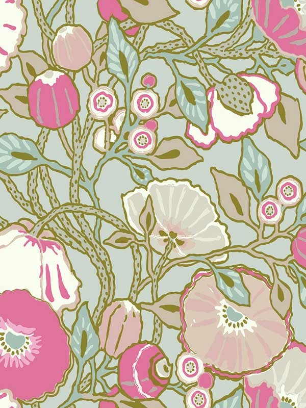 Poppies wallpaper in grey and pink metallic color - pattern number GO8314 - by York in the Greenhouse collection