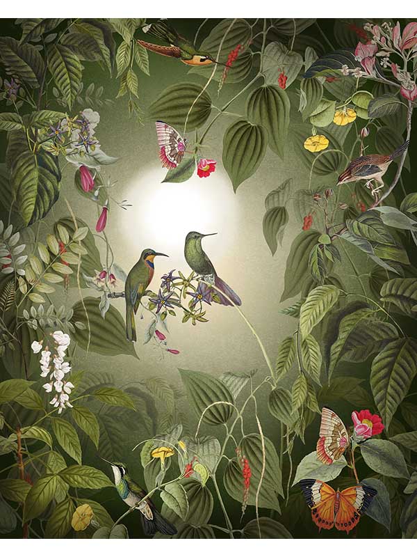 Wildlife Birds 4 Panel mural in green color - pattern number X4-1100 - by Brewster in the Komar Colours collection