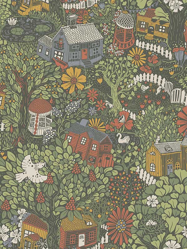 Bygga Bo Woodland Village fabric in green color - pattern number 4111-63003 - by A Street Prints in the Briony collection