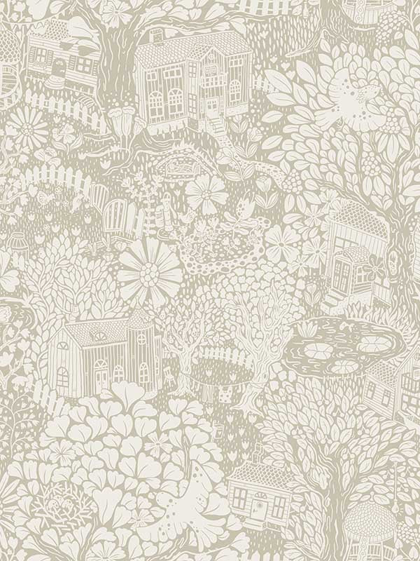 Bygga Bo Woodland Village fabric in light grey color - pattern number 4111-63006 - by A Street Prints in the Briony collection