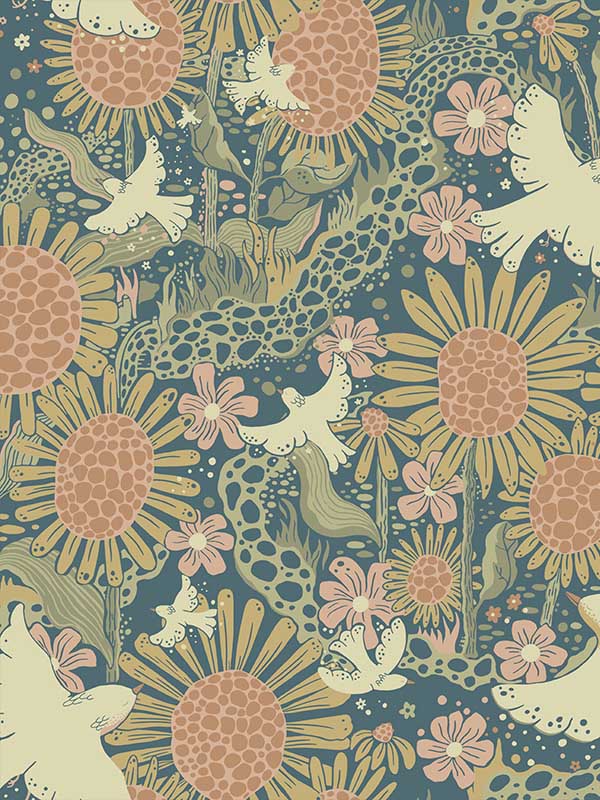 Dromma Songbirds and Sunflowers fabric in teal color - pattern number 4111-63007 - by A Street Prints in the Briony collection