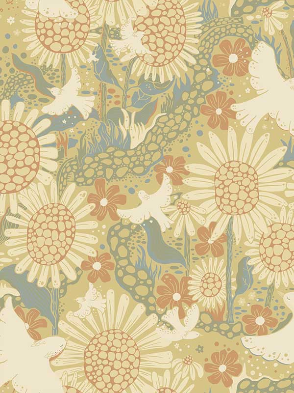 Dromma Songbirds and Sunflowers fabric in coral color - pattern number 4111-63008 - by A Street Prints in the Briony collection