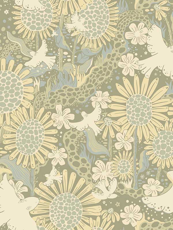 Dromma Songbirds and Sunflowers fabric in sage color - pattern number 4111-63009 - by A Street Prints in the Briony collection