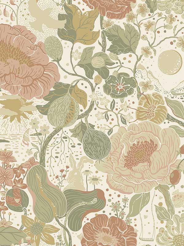 Vaxa Rabbits and Rosehips fabric in green color - pattern number 4111-63012 - by A Street Prints in the Briony collection