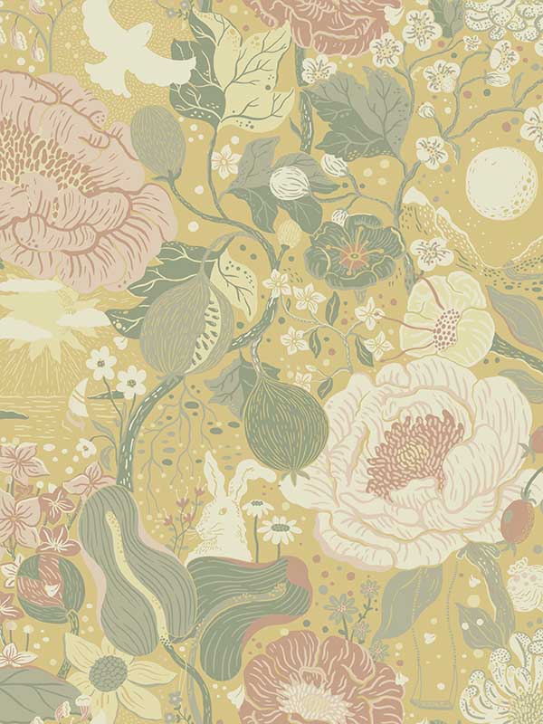 Vaxa Rabbits and Rosehips wallpaper in butter color - pattern number 4111-63014 - by A Street Prints in the Briony collection