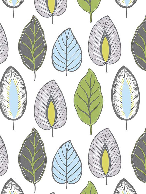 Chic Leaf fabric in green black blue grey color - pattern number JJ38010 - by Patton Norwall in the Rewind by James Joseph collection