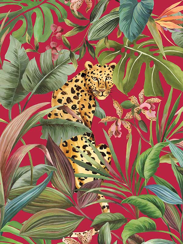 Tropical Leopard Peel and Stick fabric in gloss red color - pattern number DB20101 - by NextWall in the Peel and Stick Wallpaper by Daisy Bennett collection