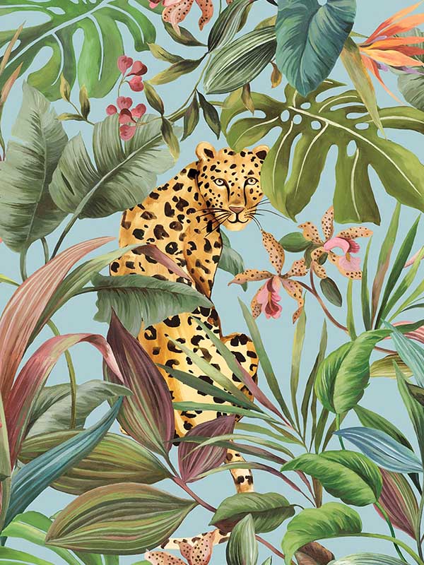Tropical Leopard Peel and Stick fabric in gloss sky blue color - pattern number DB20102 - by NextWall in the Peel and Stick Wallpaper by Daisy Bennett collection