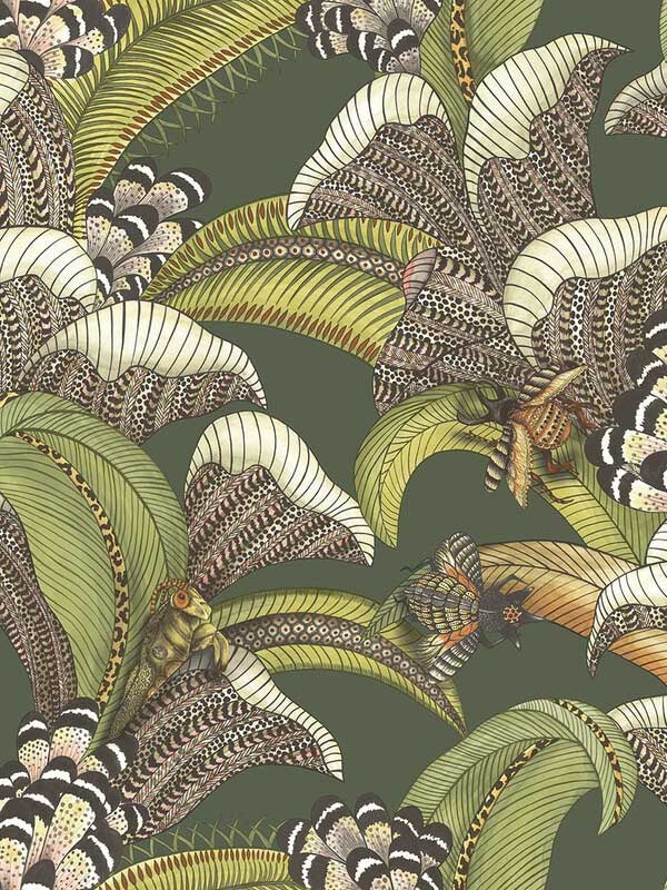 Hoopoe Leaves fabric in spring green and coral color - pattern number 119/1003.CS.0 - by Cole and Son in the Ardmore Jabula collection