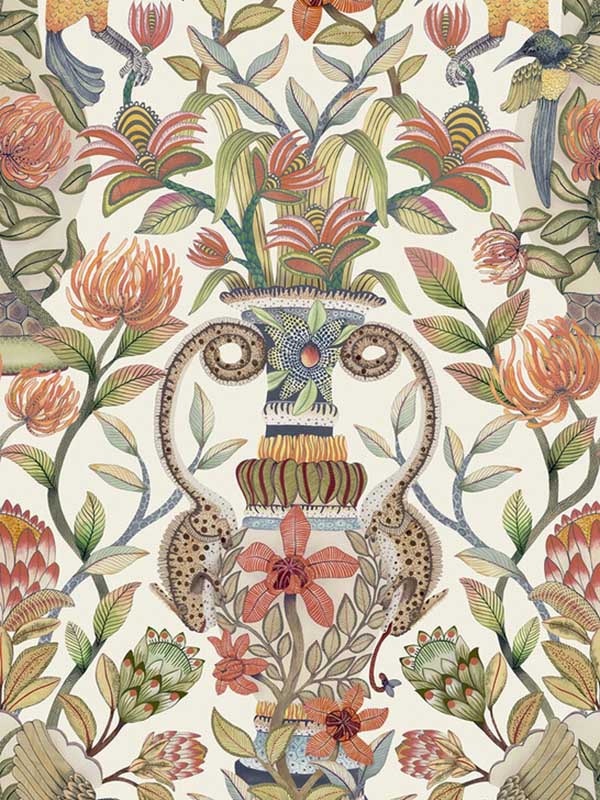 Protea Garden Silk wallpaper in olive green tangerine white color - pattern number 119/10045.CS.0 - by Cole and Son in the Ardmore Jabula collection