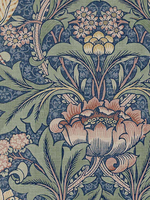 Acanthus Floral Prepasted fabric in denim blue and salmon color - pattern number PR10002 - by Seabrook in the Seabrook Prepasted Wallpaper Assortment collection