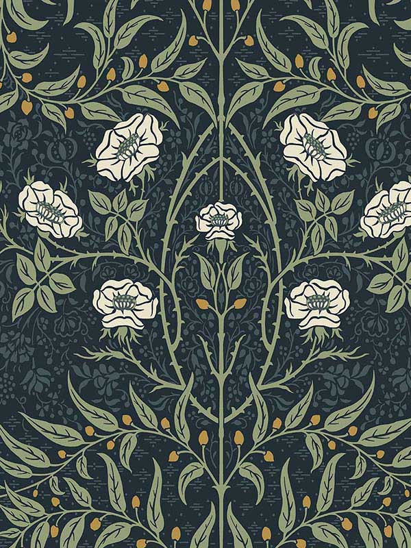 Stenciled Floral Prepasted fabric in navy and sage color - pattern number PR10202 - by Seabrook in the Seabrook Prepasted Wallpaper Assortment collection