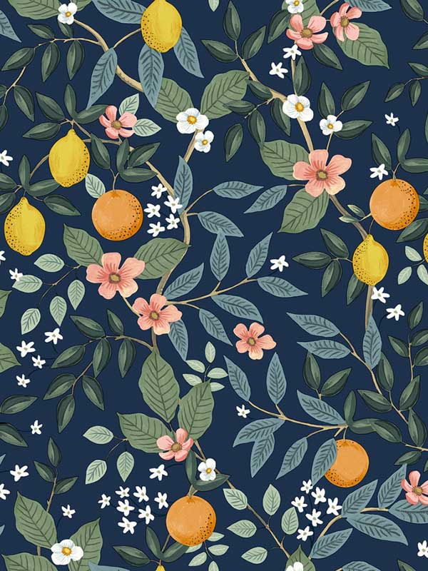 Citrus Grove Peel and Stick fabric in navy color - pattern number PSW1481RL - by Rifle Paper Co in the Rifle Paper Co Second Edition Peel and Stick Wallpaper collection