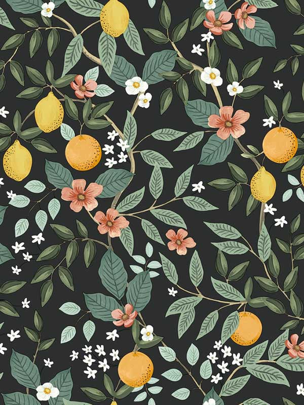 Citrus Grove Peel and Stick fabric in black color - pattern number PSW1482RL - by Rifle Paper Co in the Rifle Paper Co Second Edition Peel and Stick Wallpaper collection