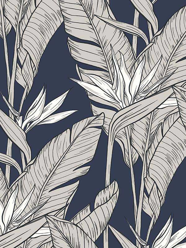 Birds of Paradise Peel and Stick fabric in navy blue and metallic pewter color - pattern number SG11902 - by NextWall in the Peel and Stick Wallpaper by Stacy Garcia Sojourn Collection 3 collection