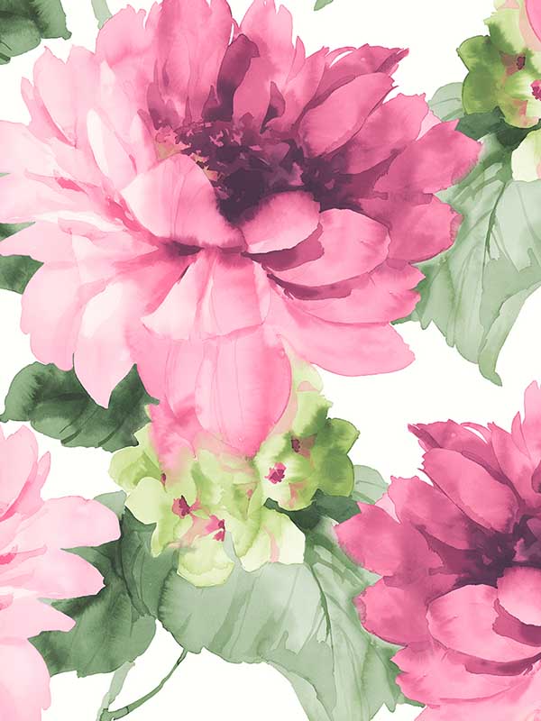 Watercolor Floral Peel and Stick wallpaper in cerise pink and evergreen color - pattern number HG10301 - by NextWall in the Peel and Stick Wallpaper by Harry and Grace collection