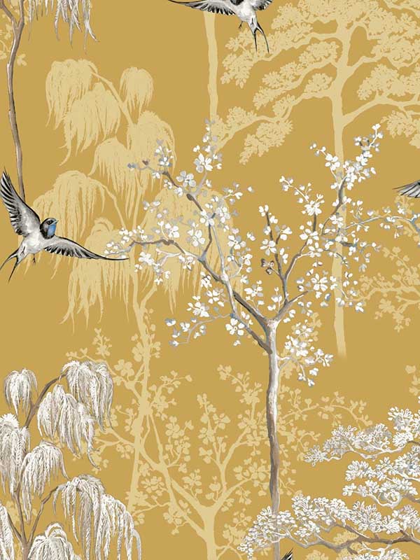 Bird Garden Peel and Stick fabric in ochre color - pattern number AS20406 - by NextWall in the Peel and Stick Wallpaper by Arthouse collection