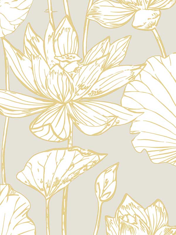 Lotus Floral Prepasted fabric in grey and gold color - pattern number PR11308 - by Seabrook in the Seabrook Prepasted Wallpaper Assortment collection