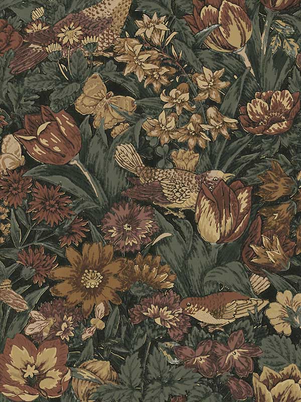 Bird Floral Prepasted fabric in mahogany and graphite color - pattern number PR11708 - by Seabrook in the Seabrook Prepasted Wallpaper Assortment collection