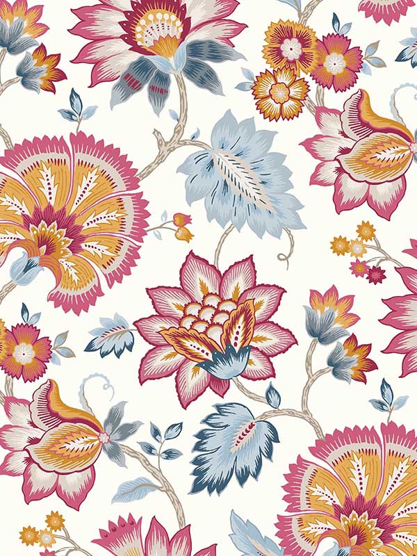 Jacobean Blossom Floral Peel and Stick fabric in fandango pink and bluebird color - pattern number NW42701 - by NextWall in the Peel and Stick Wallpaper by Nextwall collection