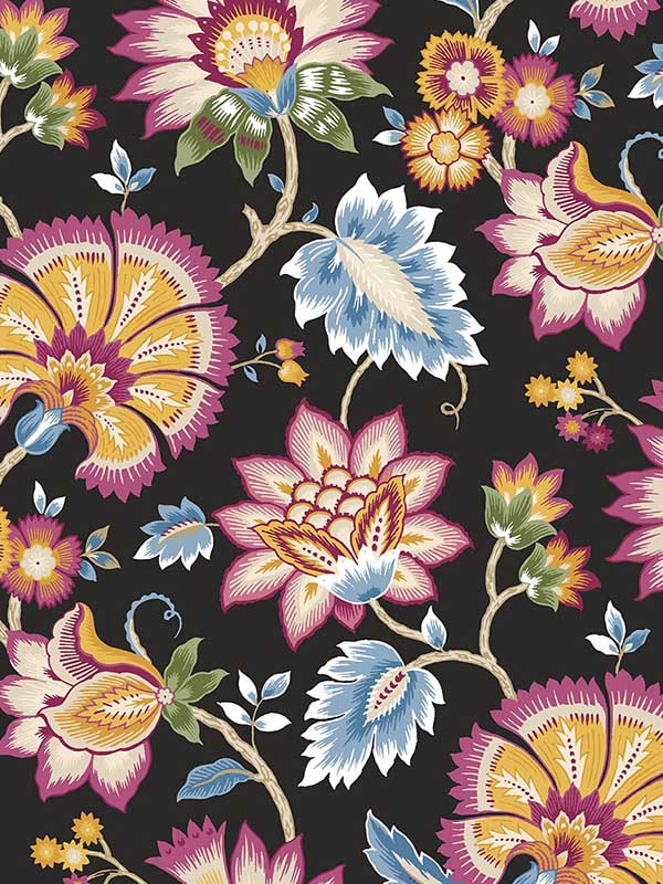 Jacobean Blossom Floral Peel and Stick fabric in cosmic black color - pattern number NW42721 - by NextWall in the Peel and Stick Wallpaper by Nextwall collection