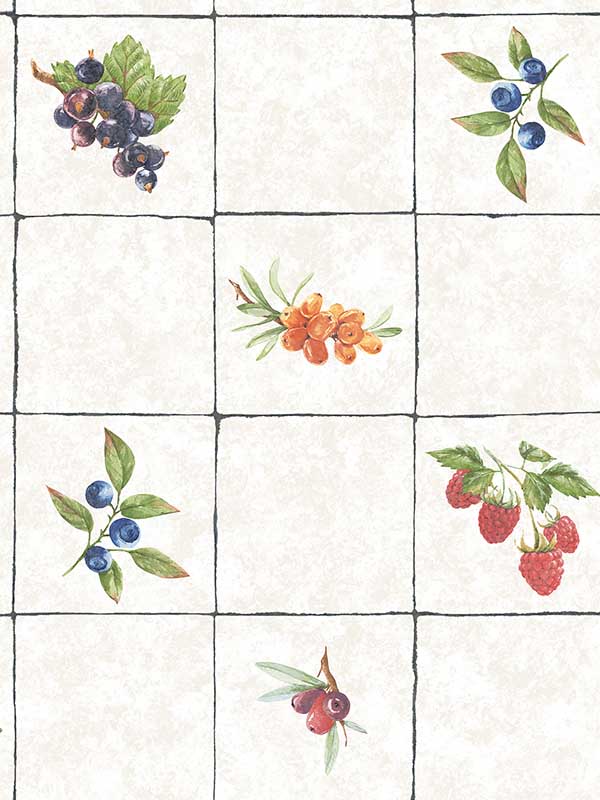 Fruit tile fabric in taupe red blue color - pattern number G45417 - by Galerie in the Just Kitchens collection
