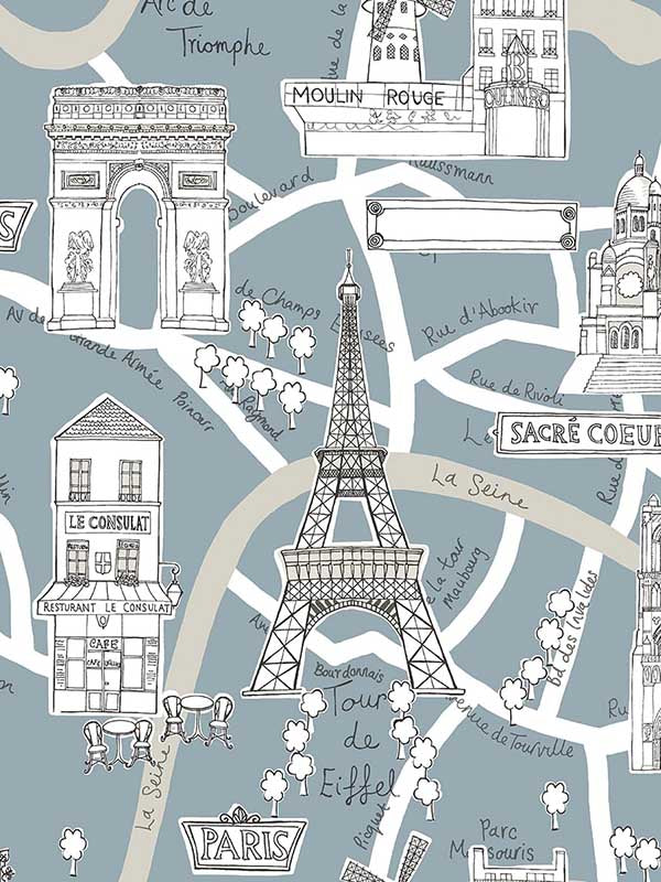 Paris Scene Peel and Stick fabric in smokey blue color - pattern number NW44802 - by NextWall in the Peel and Stick Wallpaper by Nextwall collection