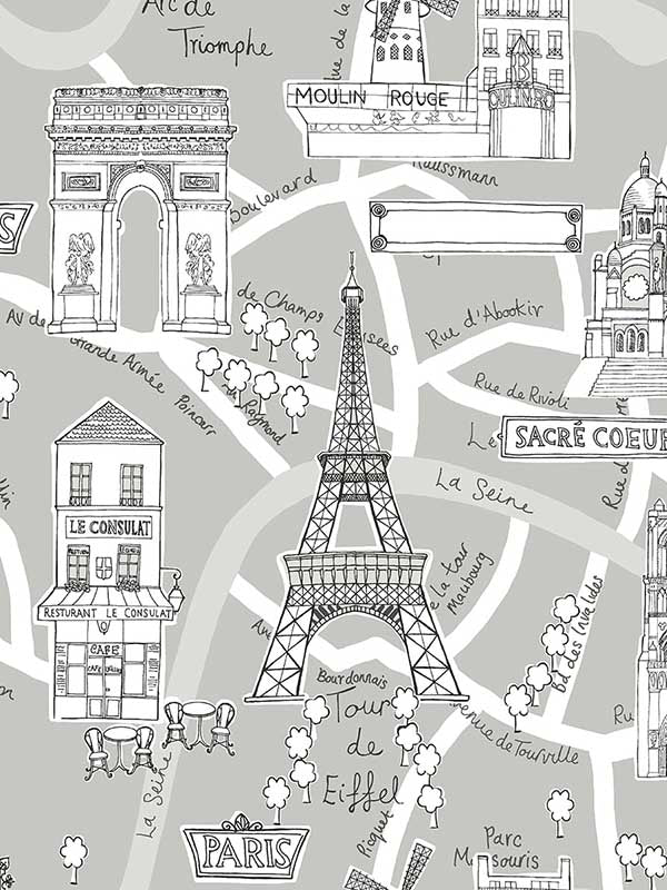 Paris Scene Peel and Stick fabric in argos grey color - pattern number NW44808 - by NextWall in the Peel and Stick Wallpaper by Nextwall collection
