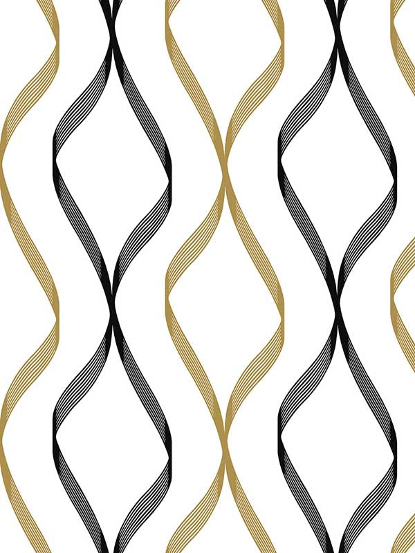 Ogee Ribbon Peel and Stick wallpaper in metallic gold and ebony color - pattern number NW45100 - by NextWall in the Peel and Stick Wallpaper by Nextwall collection