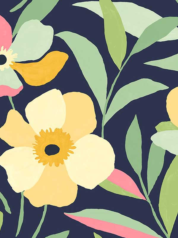 Garden Block Floral Peel and Stick wallpaper in deep navy and pastels color - pattern number NW45309 - by NextWall in the Peel and Stick Wallpaper by Nextwall collection